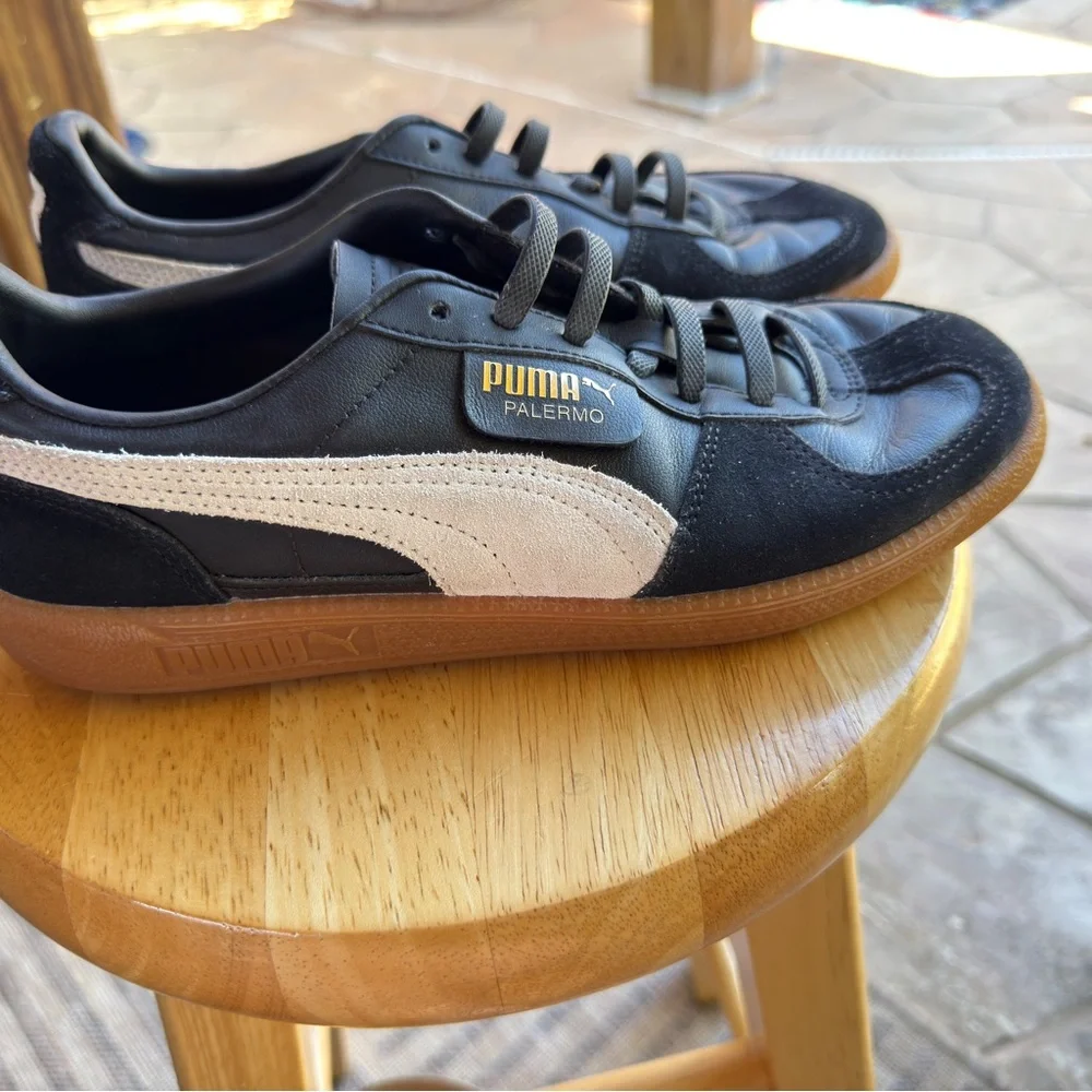 Puma Palermo Black & White Leather Sneakers with Gum Sole